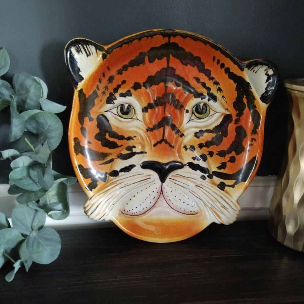 Vintage Italian Art Handmade Tiger Decorative Plate ceramic 3 dimensional